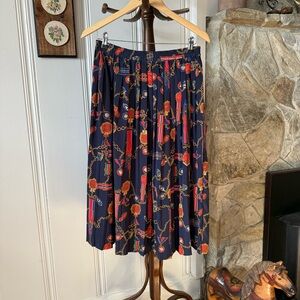 Vintage Military Medal Print Navy Blue Pleated Women's Midi Skirt